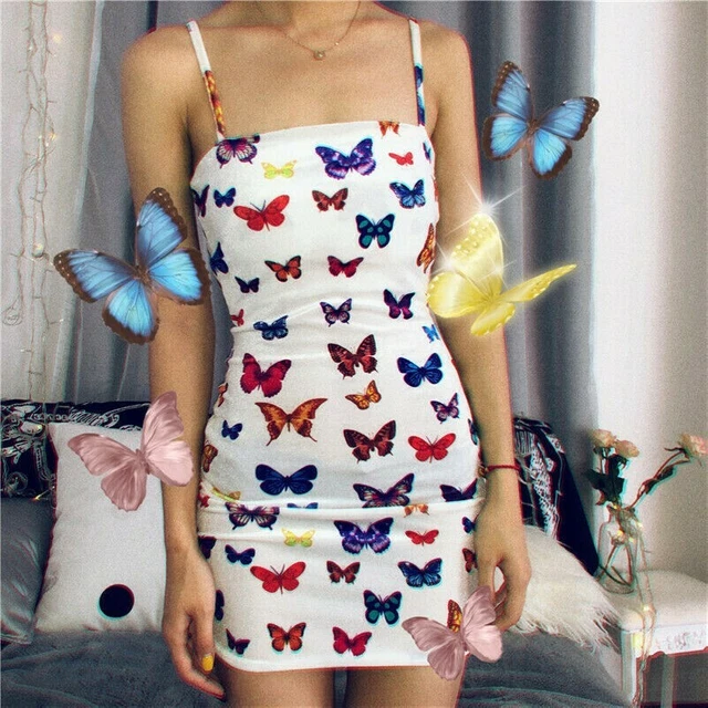 Donna Mini Aderente Fionda Abito Farfalla Stampa senza Maniche Prendisole Estate