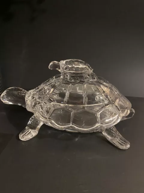 Vintage Crystal Mother Turtle& Baby Tortoise Large Candy Dish Decor