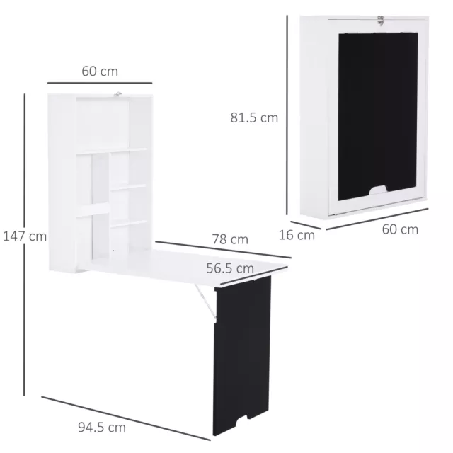 MDF Folding Wall-Mounted Drop-Leaf Table with Chalkboard Shelf White 3