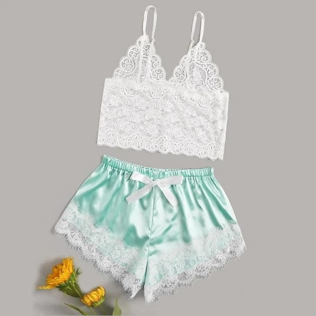 2 PC / Set Donne Sexy Pigiama Intimo Set Floreale Pizzo Cami Top con Raso Shorts