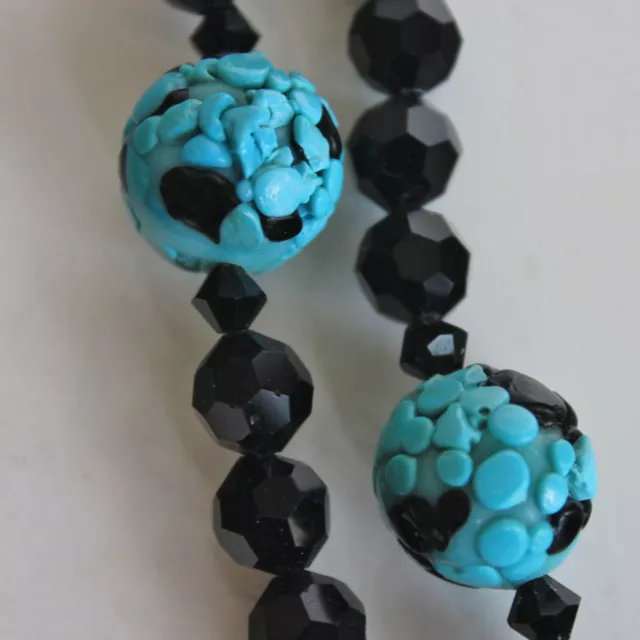 Vtg Black Czech Crystal  Turquoise Colored  Glass Two Strand Necklace 3