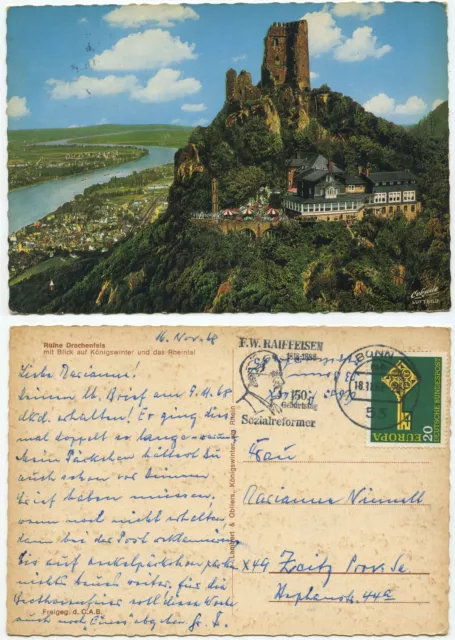 32820 - Ruin Dragon Rock - Königswinter postcard, advertising stamp 18.11.1968