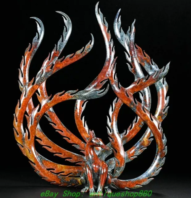12.5'' Old Chinese Hetian Jade Carved Feng Shui 9 Tail Fox Statue Sculpture