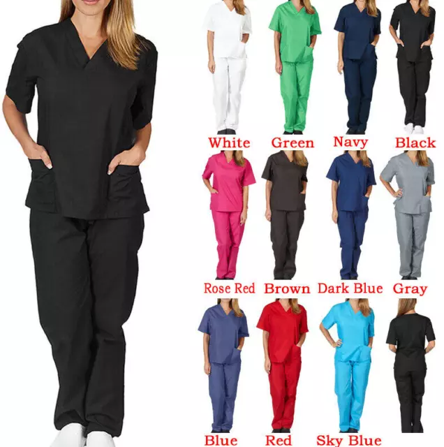 Mens Womens 2 Piece Suit Hospital Medical Doctor Nurse Scrubs Tunic Work Uniform