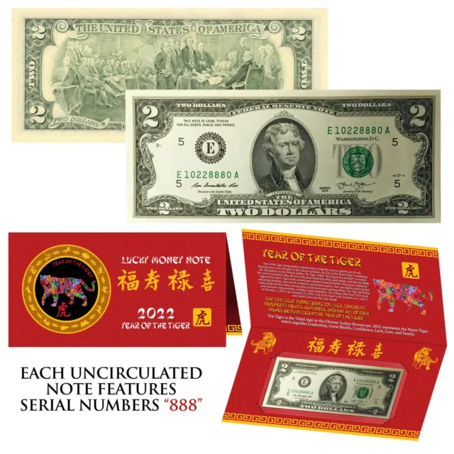 2022 CNY Chinese YEAR of the TIGER Lucky Money US $2 Bill w Red Folder - S/N 888