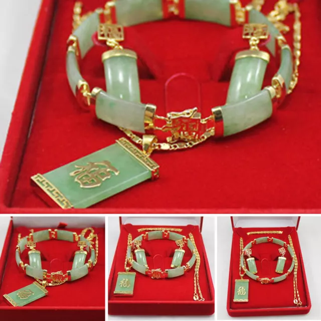 Jade 18K Gold Plated Pendant Necklace Set Earrings Bracelet Jewelry Party Gift