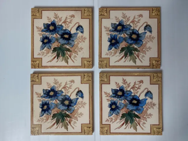 4 x Victorian Fire Place Tiles. Transfer Printed & Green/Blue Hand Coloured