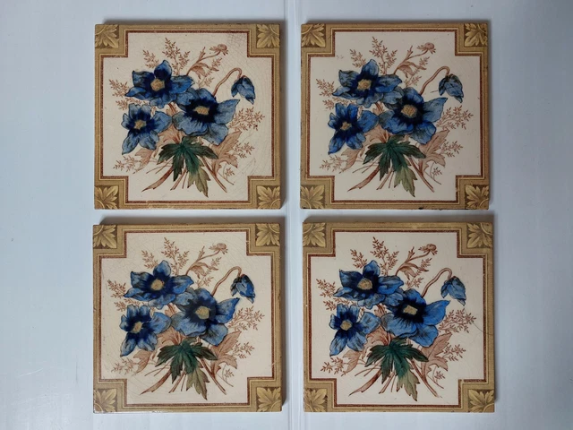 4 x Victorian Fire Place Tiles. Transfer Printed & Green/Blue Hand Coloured