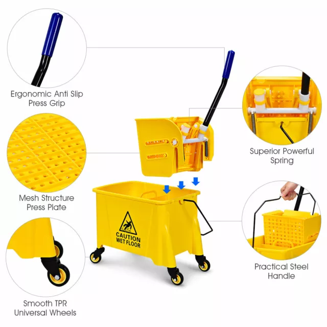 20L Kentucky Mop Bucket Mobile Cleaning Floor Cart with Wringer & Metal Handle 3
