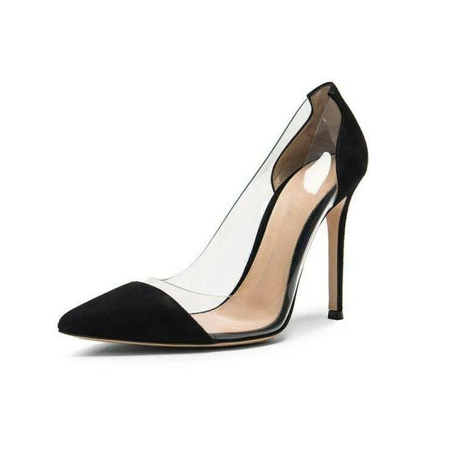 Women Ladies Pointed Toe Stilettos High Heels Perspex Clear Slip On Pumps Shoe