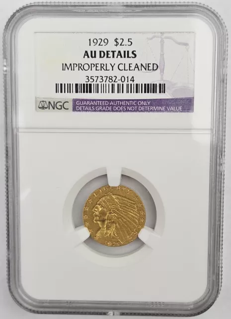 1929 $2.50 Gold Indian Head Quarter Eagle Pre 33 AGW .12094 Oz NGC AU Details