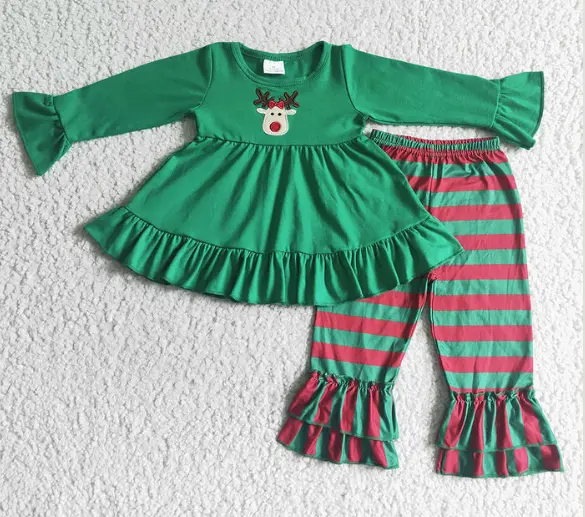 Girls Boutique Christmas Rudolph Deer 2 piece Outfit Shirt & Ruffled Pant 7/8
