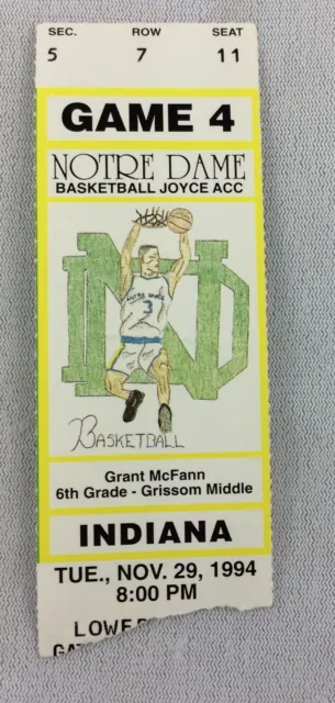 1994 11/29 Indiana at Notre Dame Basketball Ticket Stub - Seat 11