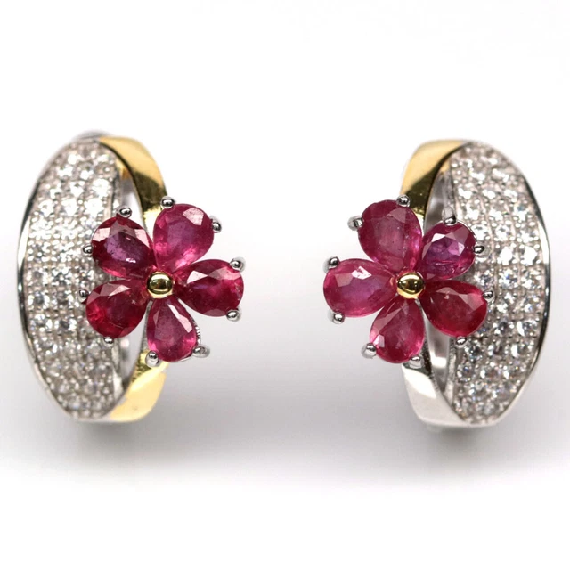 3 X 4 Mm. Rot Rubin & Weiß Cubic Zirkonia 925 Sterling Silber Ohrringe