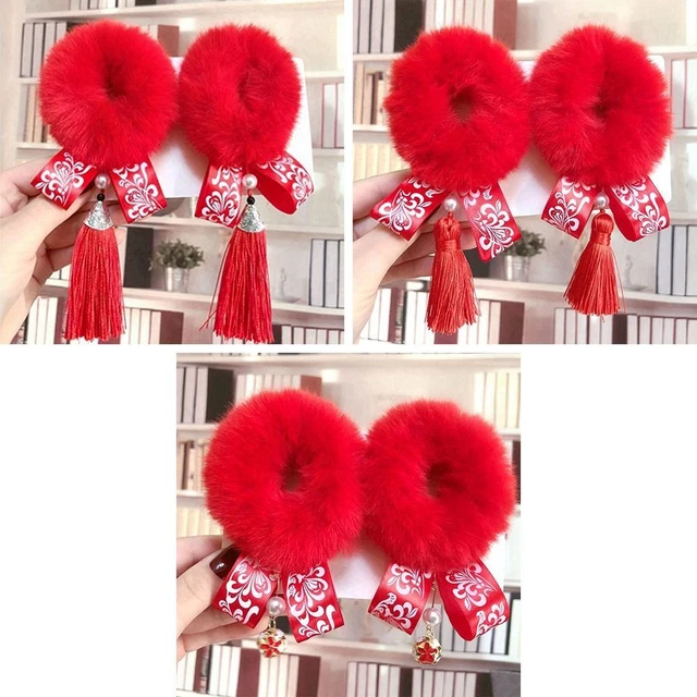 2Pcs/Set Cotton Tang Tassel Headwear Red Chinese Ancient Style Hairclip  Girls