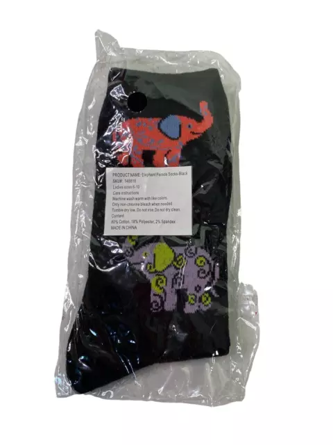 NIP Unbranded Elephant Parade Socks Ladies Size 6-10 Black Novelty