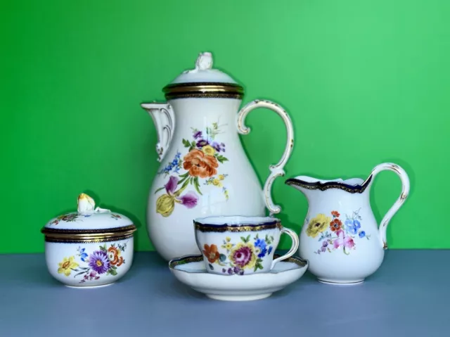 7pc Meissen Porcelain Cobalt Gold Tea/Coffee Pot Creamer Cup Saucer Sugar Bowl