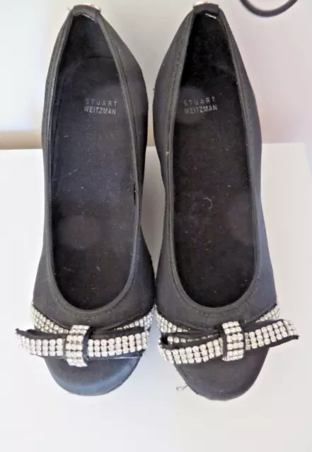 Stuart Weitzman Kids Youth Size 1 Black Satin Platform Heel w Rhinestone Bow