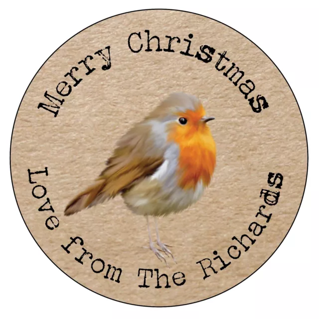 HANDMADE Personalised Robin Red Shabby Brown Kraft Effect Favour Stickers - 1172