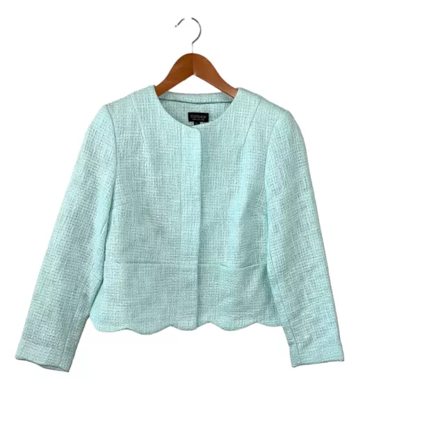 TOPSHOP Cropped Blazer Tweed Textured Mint Green Scalloped