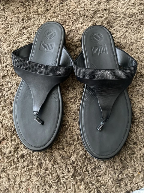 FitFlop Flare Women's Black Rhinestone Thong Wedge Sandals 302-001 Sz 10 US T22