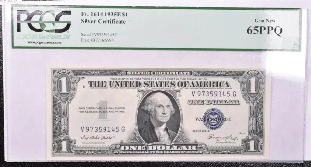 1935-E Silver Certificate $1 Fr. 1614 - PCGS 65 PPQ Gem New