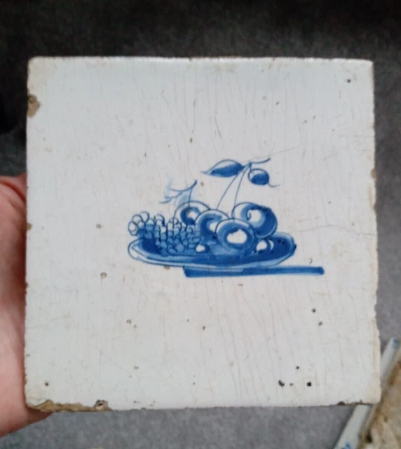 Antique Dutch Blue & White  Delft Tile 5 inch FRUIT BOWL / GRAPES & CHERRIES