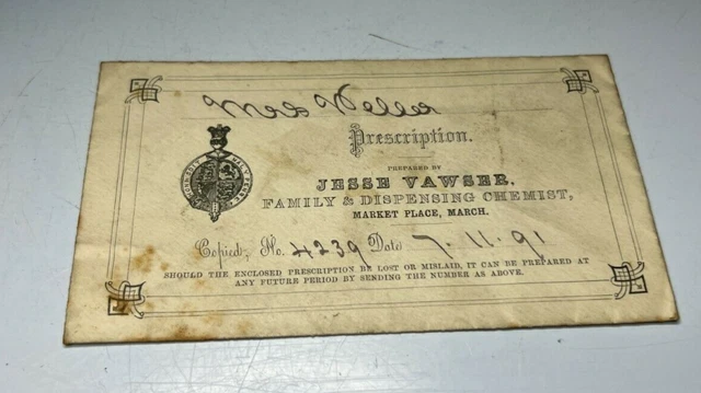 19th Century Pharmacy Prescription Envelope Jesse Vawser Market Place March