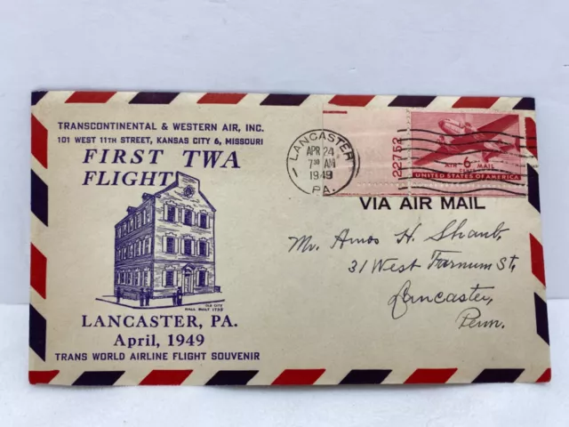 FIRST TWA FLIGHT LANCASTER,PA.SOUVENIR CARD ENCLOSURE APR 24 1949 Block #94