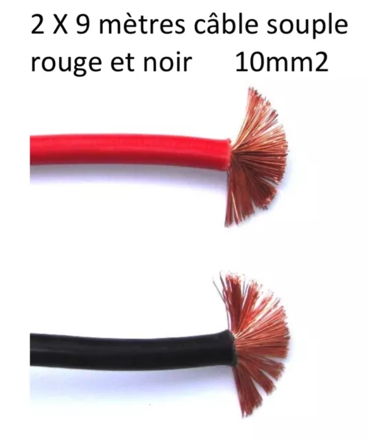 câble électrique batterie souple 10 mm2 rouge et noir 2X9 mètres
