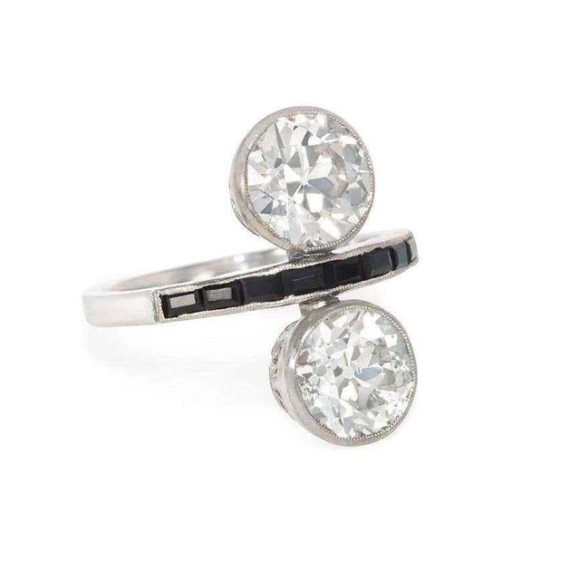 Two Vertically Set Old European Cut CZ & Black Baguette Shape CZ Art Deco Ring