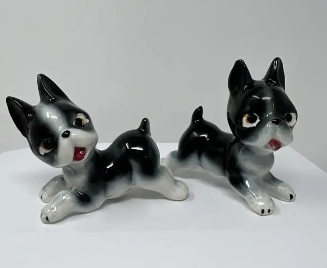 Vintage Set Of 2 Boston Terrier Dog Puppy Figurines Japan