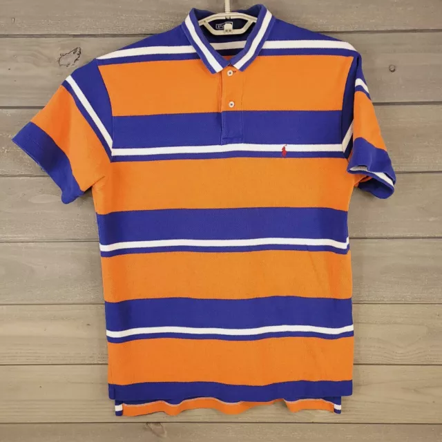 Ralph Lauren Polo Shirt Mens Large Orange Blue Cotton Pique Knit Casual Preppy