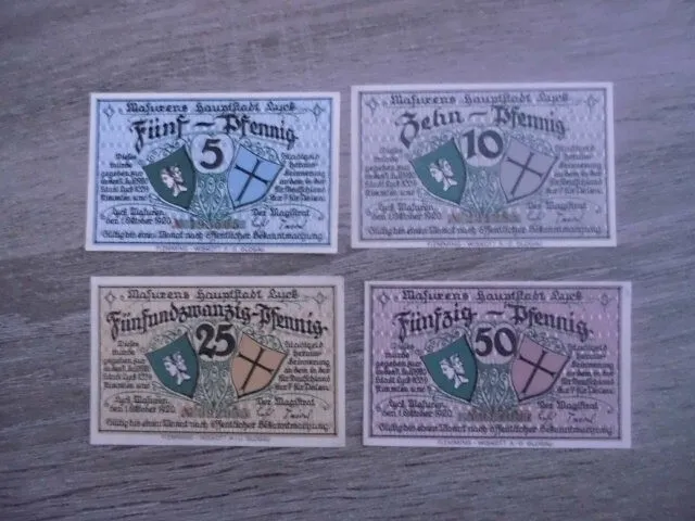 4x Notgeld Lyck Masurens Hauptstadt 1.Oktober 1920 5, 10, 25 und 50 Pfennig