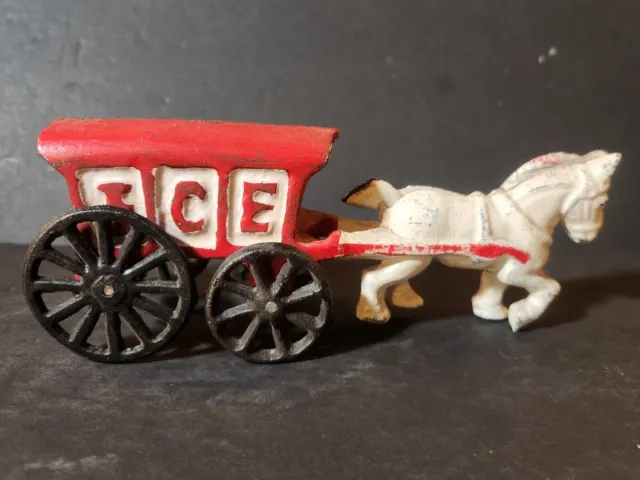 Vintage Hubley* Cast Iron Horse Drawn Ice Wagon Red With Black Wheels Original