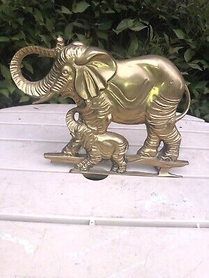 Vintage Solid Brass Elephant  Wall Hanging -Mom And Baby -11" X 9"