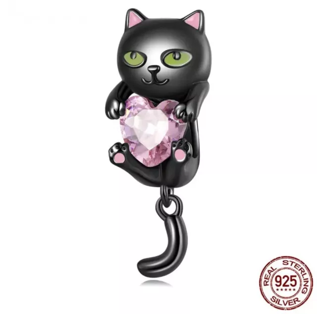Schwarze Katze mit Herz Charm  Anhänger Silber S925 Geschenk Frauen Tierliebe