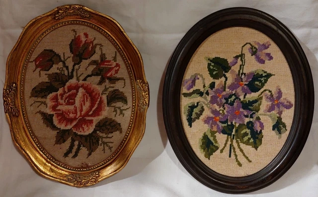 2 Stickbilder - Blumenmotive gerahmt - ca. 1950er Jahre