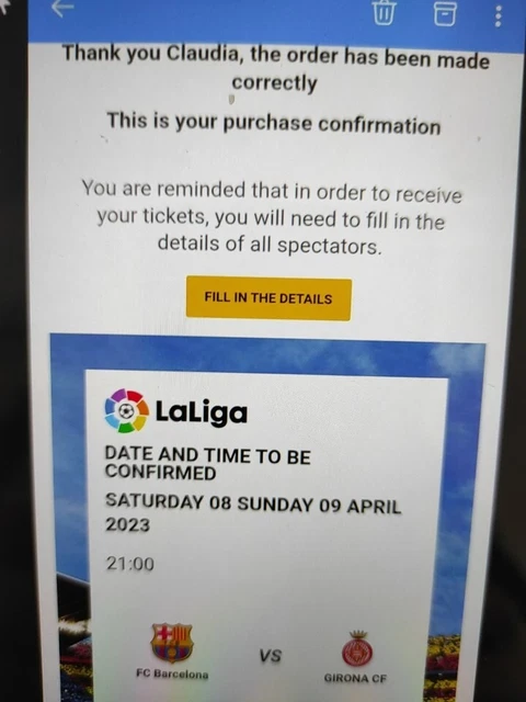 6 Tickets Fc Barcelona Vs. Girona, 10.4.2023, 1St Corner