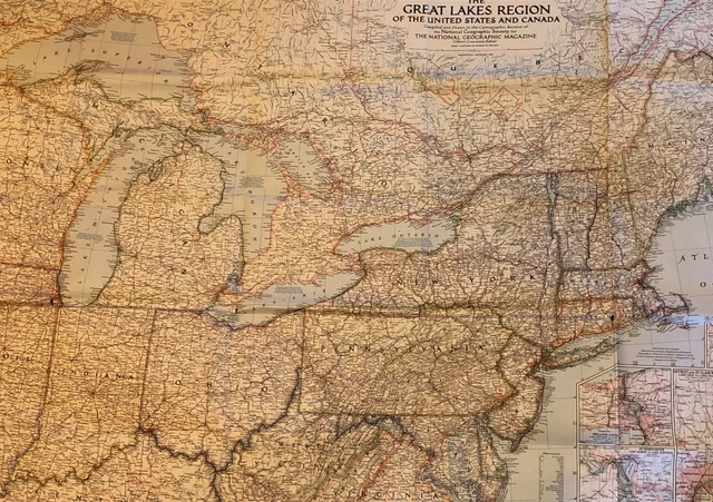 GREAT LAKES USA and Canada, National Geographic 1953 vintage map EUR 7 ...