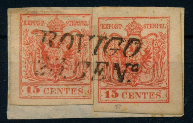 LOMBARDEI-VENETIEN 1850 2*15C auf Briefstück. Beide MP, Type III. ROCIGO.
