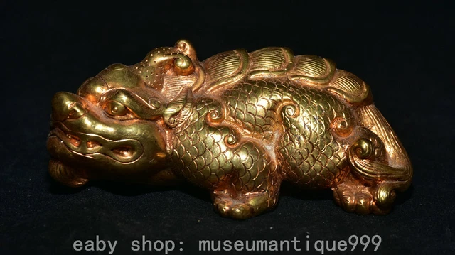 3.4 '' Ancient Chinese 24K Gold Gilt Lucky Wealth Fengshui Pixiu Beast Statue