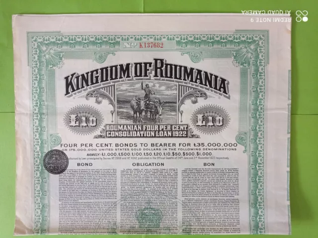 Kingdom Of Roumania Consolidation Loan Obligation De £10 Sterling 4% 1922
