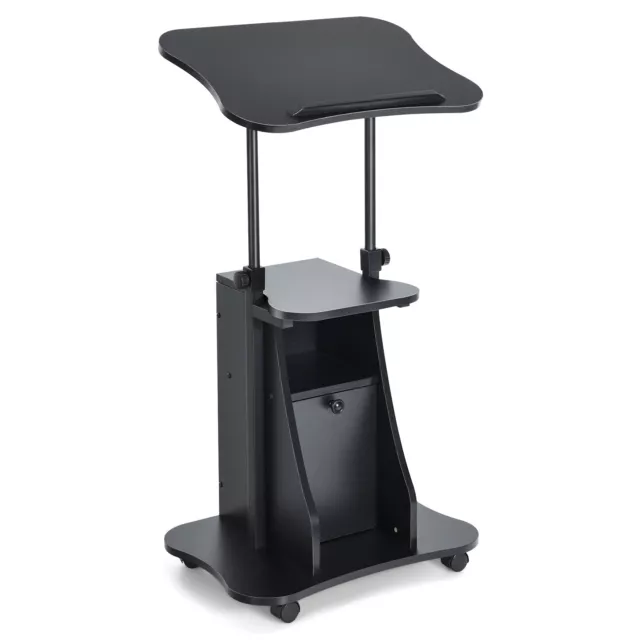 Adjustable Height Standing Desk Mobile Podium Cart w/Door Cabinet&Tilt Desktop