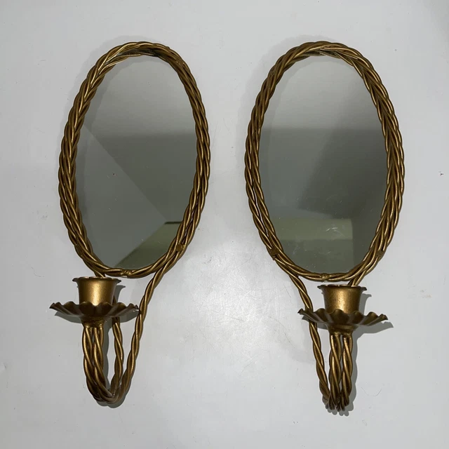 Candle Holder Sconce Twisted Rope Mirrors Metal Gold-tone Brass Pair Vintage 12”