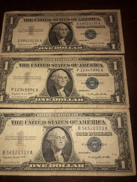 Lot of 3 One Dollar 1957  A Blue Seal US bill $1
