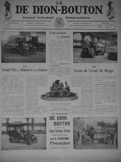 Publicité De Presse 1908 Automobiles Industriel De Dion Bouton Circuit De Dieppe