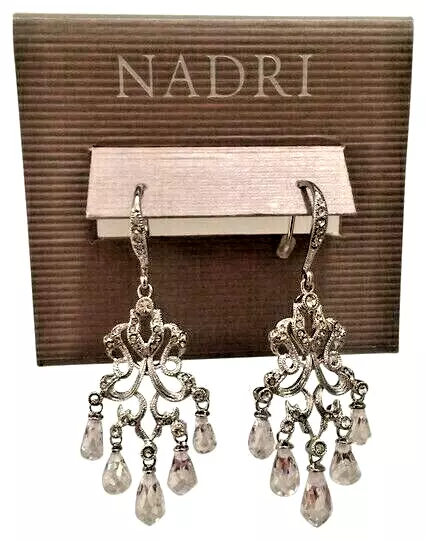 Nadri Earrings Chandelier Rhodium Silver Teardrop Crystal $98 New NWT CZ Bride