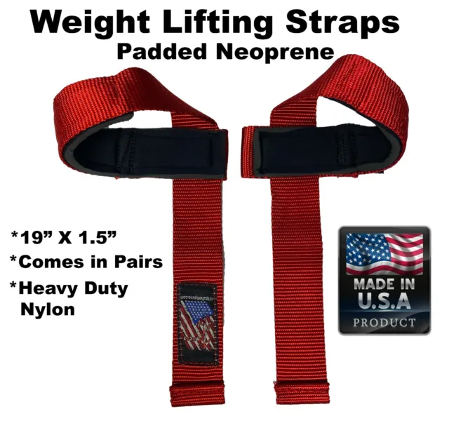 Nylon with Neoprene Padding Weight Lifting Straps Red MADE IN THE USA