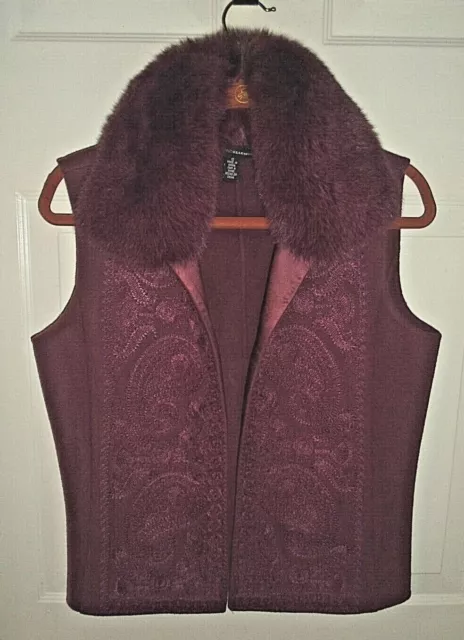 Linda Allard/Ellen Tracy Sz 10 Wool Embroider Open Vest Genuine Fox Collar Wine